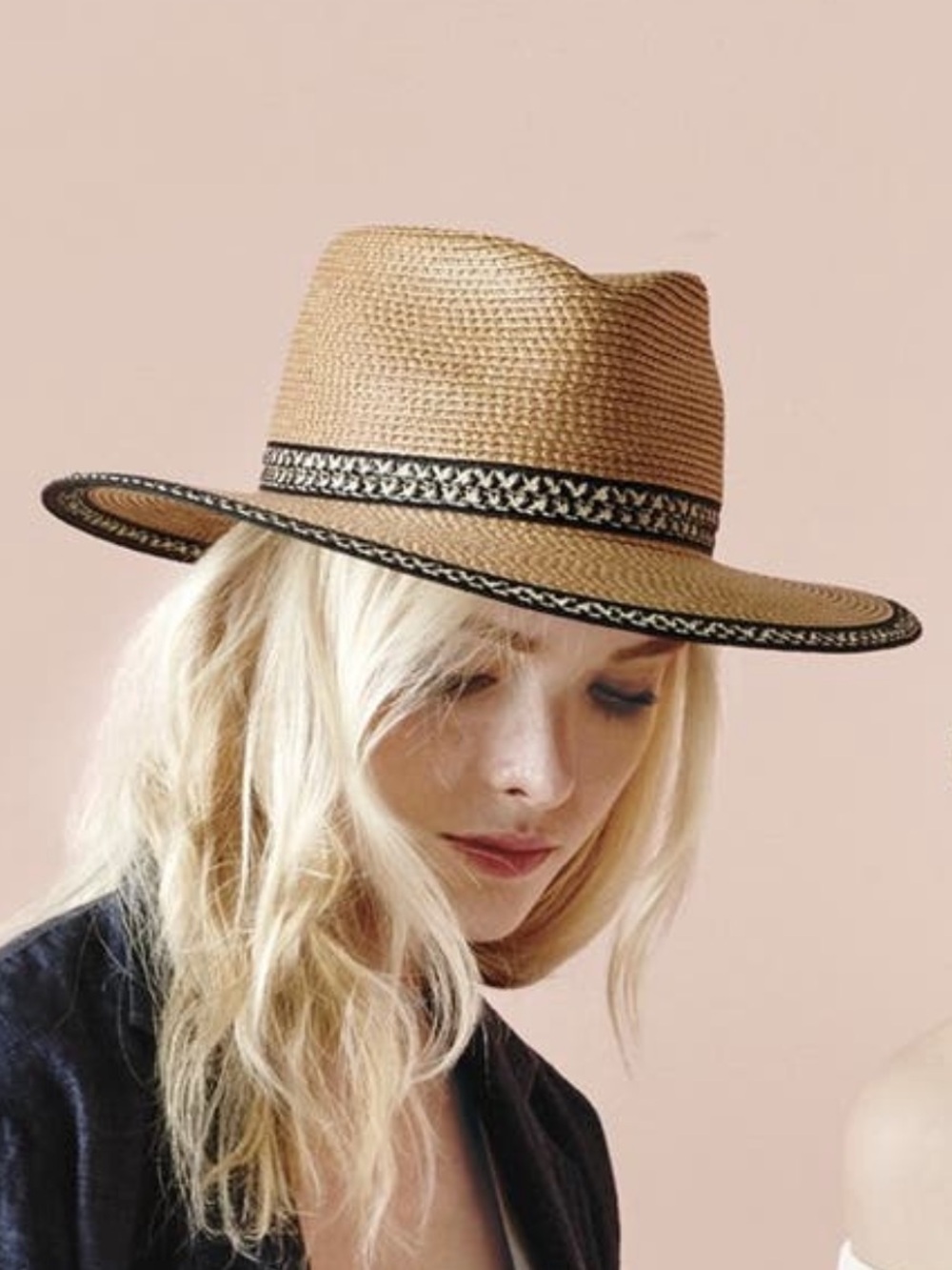 Eric Javits Tan Straw Fedora with Black Trim - Picture 3 of 4
